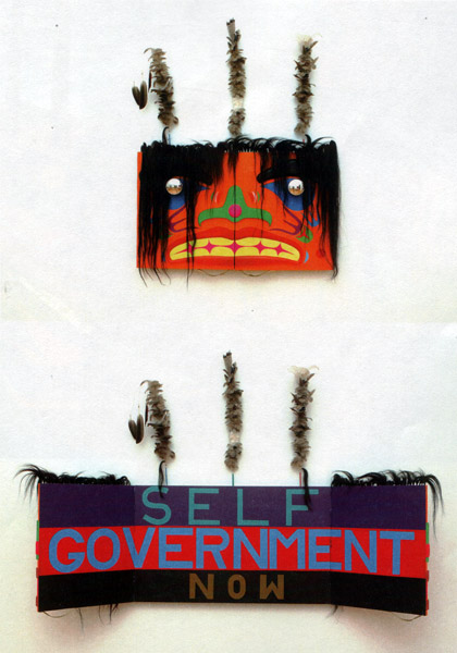 Transformation of Bill Wilson, 1991, hair, mirror, feathers and rawhide, acrylic on wood, 100 x 160 cm, Vancouver Art Gallery, Gift of the Artist Vancouver, BC.